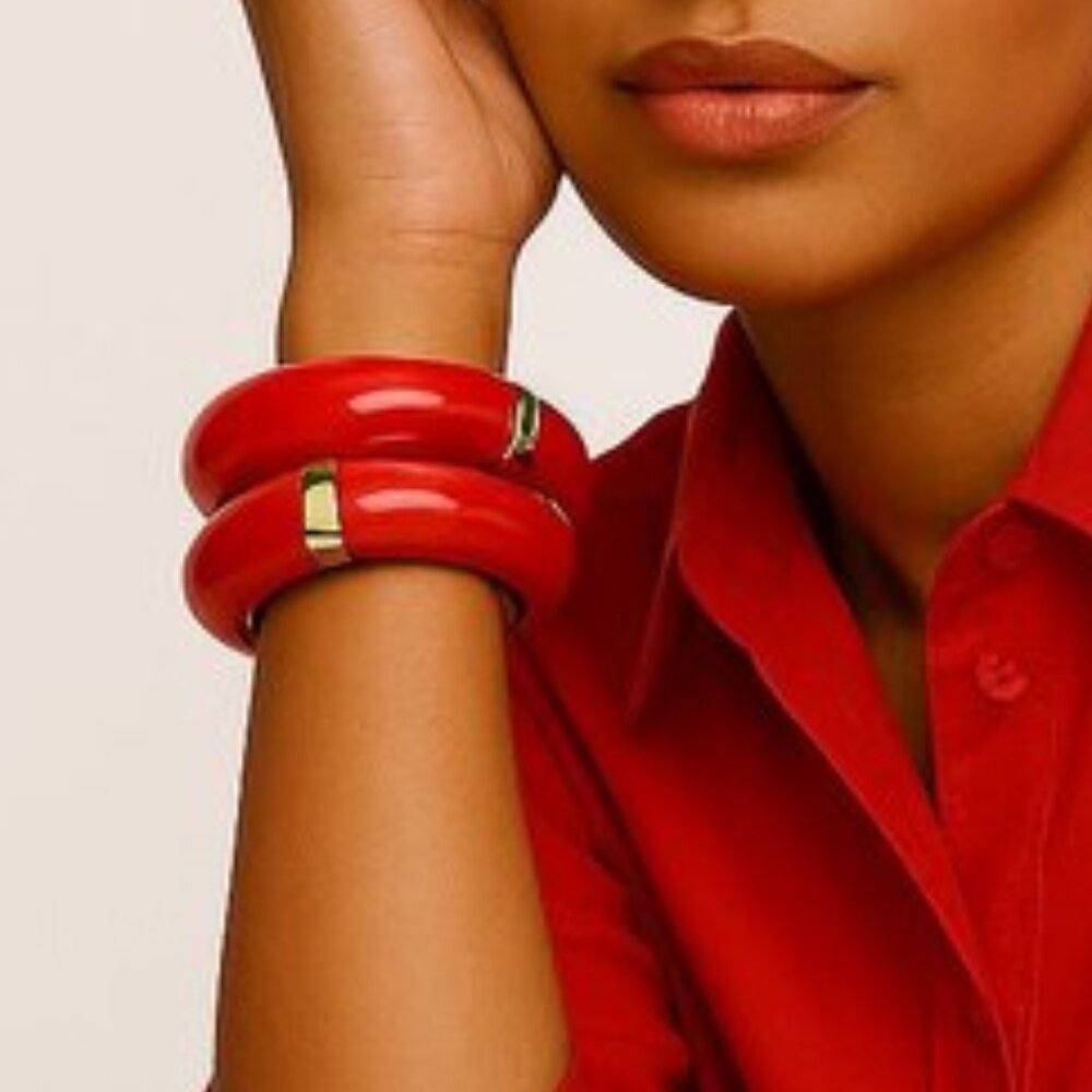 Set of 2 Red Resin Bamboo Tube Bracelets | Gold Accents | Bold Jewelry Stack NWT